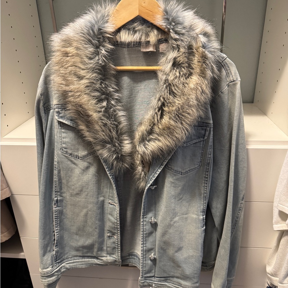 Chico's Light Blue Denim Jacket with Faux Fur Collar